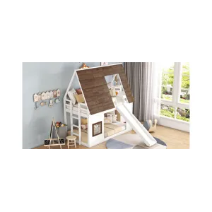 Wood Twin Size House Bunk Bed With Roof, Ladder And Slide - White / Brown