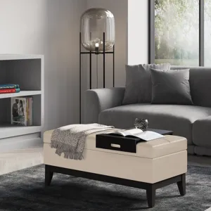 Oregon - Storage Ottoman Bench with Tray - Satin Cream