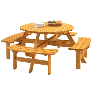 8 Person Wooden Picnic Table, Outdoor Camping Dining Table With Seat, Garden, Diy With 4 Built-In Be