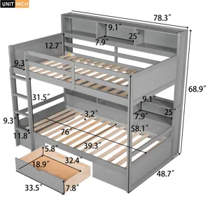 Twin Size Bunk Bed With Built-In Shelves Beside Both Upper And Down Bed And Storage Drawer - Gray