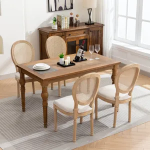 French Style Solid Wood Frame Antique Painting Linen Fabric Rattan Back Dining Chair (Set of 2) - Cr
