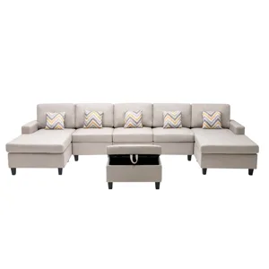 Nolan - Linen Fabric 6 Piece Double Chaise Sectional Sofa With Interchangeable Legs, Storage Ottoman