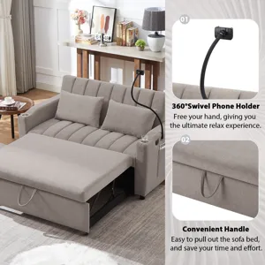 Convertible Sofa Bed Loveseat Sofa With Three USB Ports, Two Side Pockets, Two Cup Holders And 360° 