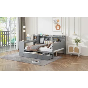 Full Size Wooden Daybed With 3 Drawers, USB Ports And Desk - Gray