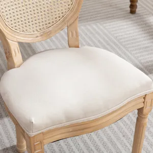 French Style Solid Wood Frame Antique Painting Linen Fabric Rattan Back Dining Chair (Set of 2) - Cr