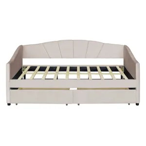 Twin Size Upholstered Daybed With Two Drawers And Wood Slat - Beige
