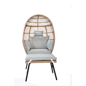 Outdoor Garden Wicker Egg Chair And Footstool Patio Chaise, With Cushions, Outdoor Indoor Basket Cha