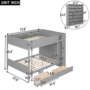 Full Over Full Bunk Bed With 2 Drawers And Multi - Layer Cabinet - Gray