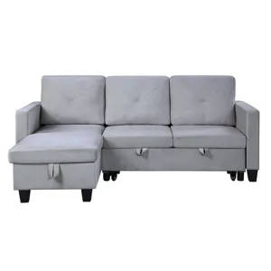 Nova - Velvet Reversible Sleeper Sectional Sofa With Storage Chaise - Light Gray