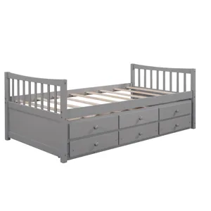 Twin Size Daybed With Trundle And Drawers - Gray