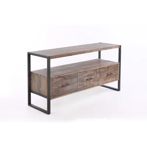 Reclaimed Wood Media TV Console Table With 3 Drarwer, Open Shelf - Antique Gray