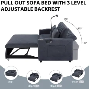 Convertible Sofa Bed Loveseat Sofa With Three USB Ports, Two Side Pockets, Two Cup Holders And 360° 