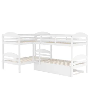 Twin L-Shaped Bunk Bed With Trundle - White