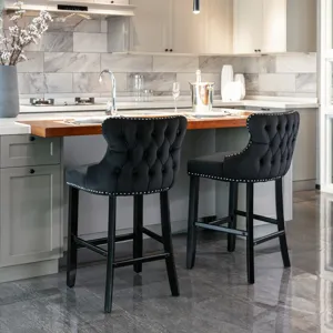 Contemporary Velvet Upholstered Wing-Back Barstools With Button Tufted Decoration And Wooden Legs, A
