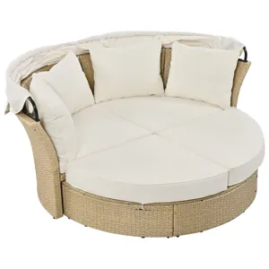 Outdoor Patio Daybed Wicker Rattan Double Daybed Round Sofa Furniture Set With Retractable Canopy, 4