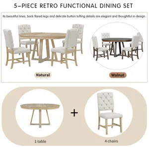 5 Piece Retro Functional Dining Set, Round Table With Leaf And 4 Upholstered Chairs For Dining Room 