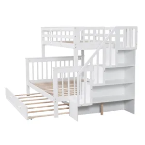 Twin Over Full Bunk Bed With Twin Size Trundle, Storage And Guard Rail For Bedroom, Dorm, For Adults