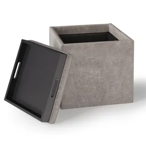 Rockwood - Cube Storage Ottoman with Tray - Distressed Grey Taupe