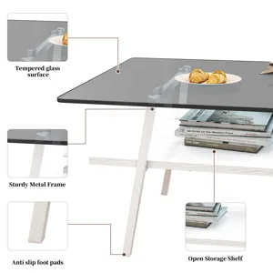 Rectangle Coffee Table, Tempered Glass Tabletop With White Metal Legs, Modern Table For Living Room 