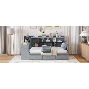 Twin Size Wooden Daybed With 3 Drawers, USB Ports And Desk - Gray