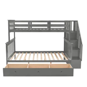 Twin Over Full Stairway Bunk Bed With Drawer, Storage And Guard Rail For Bedroom, Dorm, For Adults -