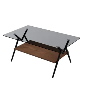 Rectangle Coffee Table With Tempered Glass Top And Brown MDF Shelf, Modern Table For Living Room - G