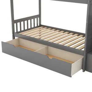 Twin Over Full / Twin Bunk Bed, Convertible Bottom Bed, Storage Shelves And Drawers - Gray