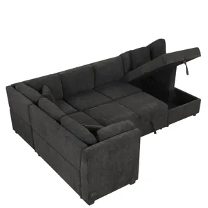 U-Shaped Sectional Sofa Pull Out Sofa Bed With Two USB Ports, Two Power Sockets, Three Back Pillows 
