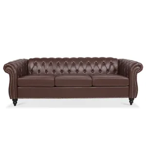 Rolled Arm Chesterfield Three Seater Sofa - Dark Brown