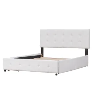 Queen Size Upholstered Platform Bed With Classic Headboard And 4 Drawers, No Box Spring Needed - Whi