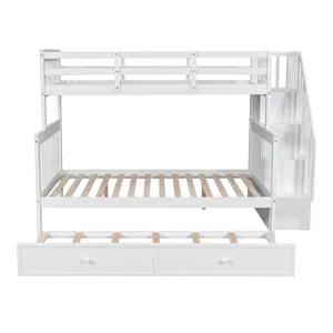 Twin Over Full Bunk Bed With Twin Size Trundle, Storage And Guard Rail For Bedroom, Dorm, For Adults