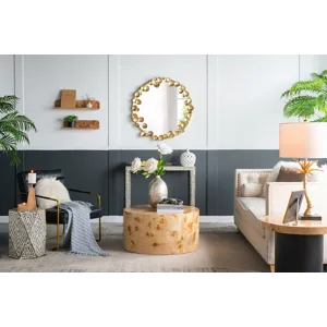 Round Metal Wall Mirror With Leaf Accents, Modern Decor Mirror For Living Room Entryway Hallway - Go