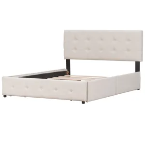 Queen Size Upholstered Platform Bed With Classic Headboard And 4 Drawers, No Box Spring Needed - Bei