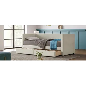 Twin Size Corduroy Daybed With Two Drawers And Wood Slat - Beige