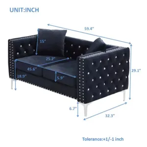 Wide Sofa With Jeweled Buttons Square Arm, 2 Pillows - Black