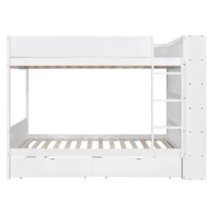 Full Over Full Bunk Bed With 2 Drawers And Multi - Layer Cabinet - White