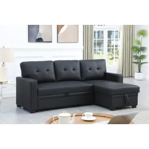 Upholstered Pull Out Sectional Sofa With Chaise - Black