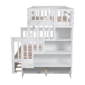 Twin Over Full Bunk Bed With Twin Size Trundle, Storage And Guard Rail For Bedroom, Dorm, For Adults