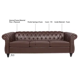Rolled Arm Chesterfield Three Seater Sofa - Dark Brown