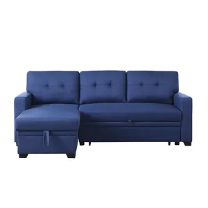 Upholstered Pull Out Sectional Sofa With Chaise - Blue