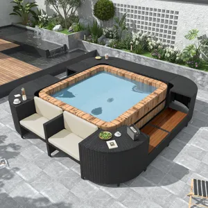 Spa Surround Spa Frame Quadrilateral Outdoor Rattan Sectional Sofa Set With Mini Sofa, Wooden Seats 