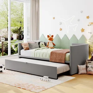 Twin Size Upholstered Daybed With Pop Up Trundle - Gray