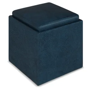 Rockwood - Cube Storage Ottoman with Tray - Distressed Dark Blue