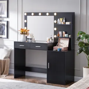 Vanity Desk With Mirror And Lights, 46.4In Dressing Table With 2 Large Drawer & Large Vertical Organ