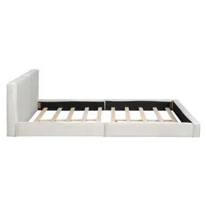 Queen Size Upholstered Platform Bed With , Grounded Bed With Solid Frame - Beige