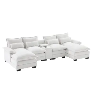 Modern U Shaped Sofa With Console, Cupholders And USB Ports, 6 Seat Upholstered Symmetrical Indoor F