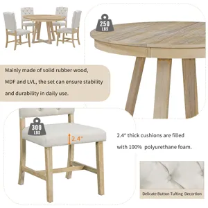 5 Piece Retro Functional Dining Set, Round Table With Leaf And 4 Upholstered Chairs For Dining Room 