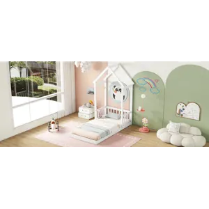 Twin House-Shaped Roof Headboard Floor Bed, (Without Slats) - White