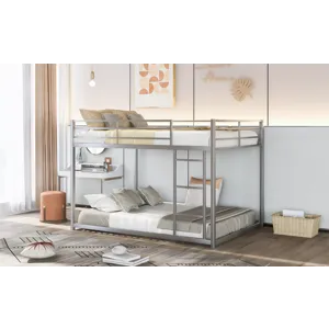 Full Over Full Metal Bunk Bed, Low Bunk Bed With Ladder - Silver