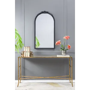 Elos Hand Carved Rose Antique Mirror Frame, Wood Arch Mirror Wall Decor For Living Room, Bathroom, E